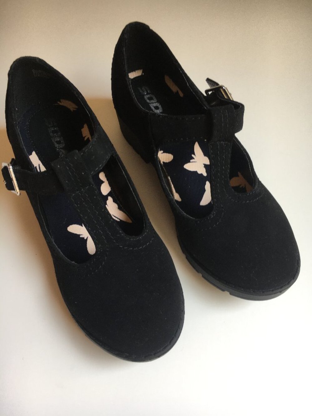 New Black Mary Jane Shoes 2 Girls Faux Suede Chunky Heel T-Strap Buckle Dress